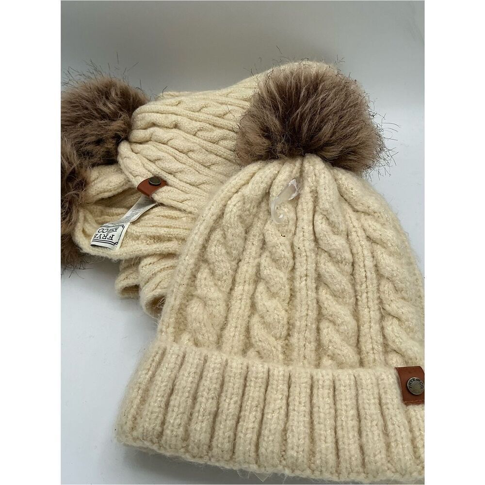 Frye and Co Cream Knit Pom-Pom Beanie and scarf set